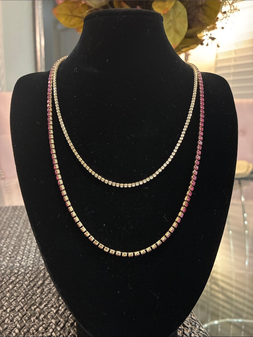 Gold Chain Necklace Set with Pink and Clear Stones